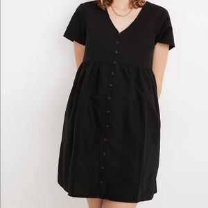 Madewell V-Neck Linen-Blend Alexandra Short Sleeve Mini Dress, Medium, BLACK